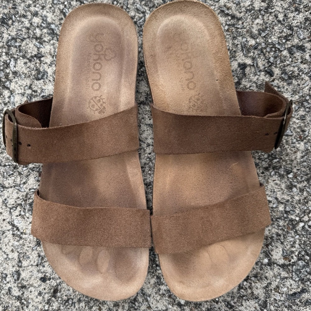 Yokono‎ Women's Sz 8 Brown Tan Leather Two Strap Slide On Sandal Made In Spain - Picture 15 of 15